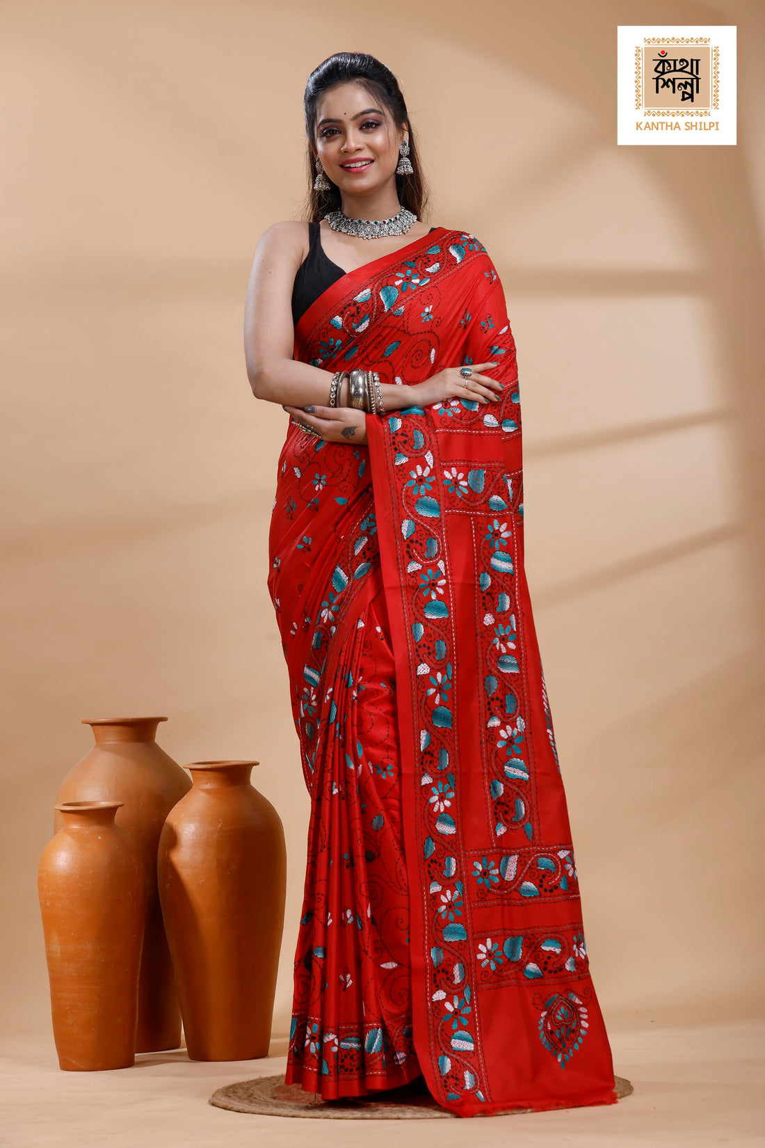 Red Color Bangalore Silk Multicolor Thread Work Kantha Stitch Saree