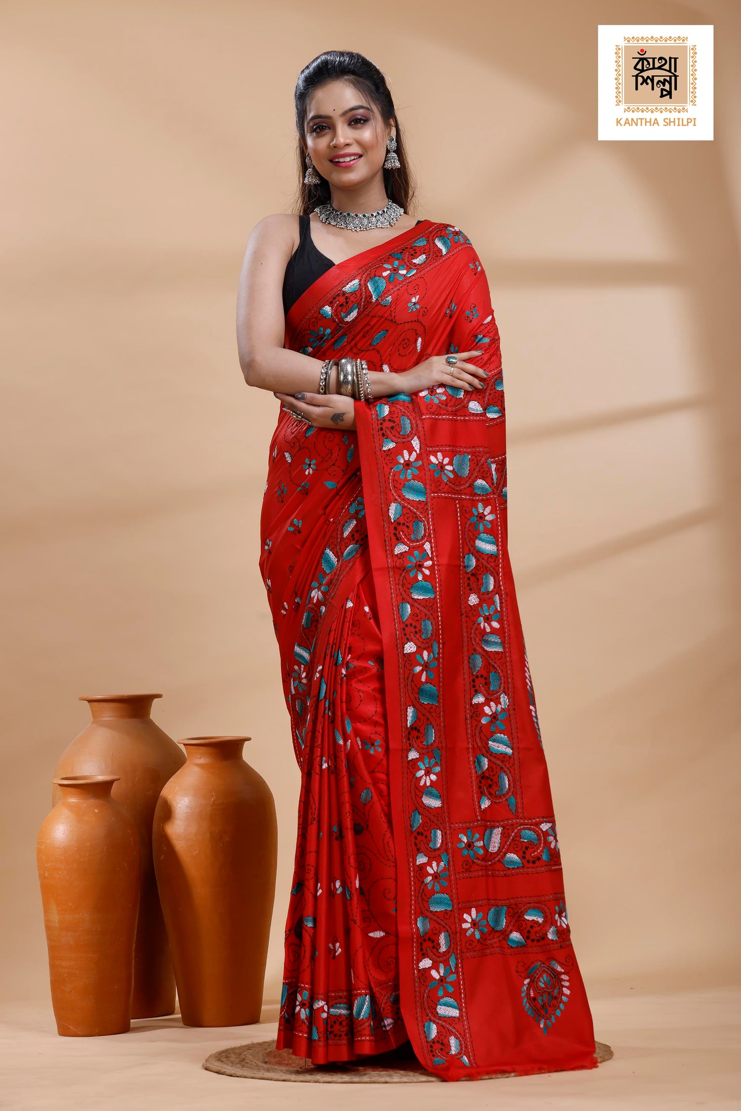 Red Color Bangalore Silk Multicolor Thread Work Kantha Stitch Saree