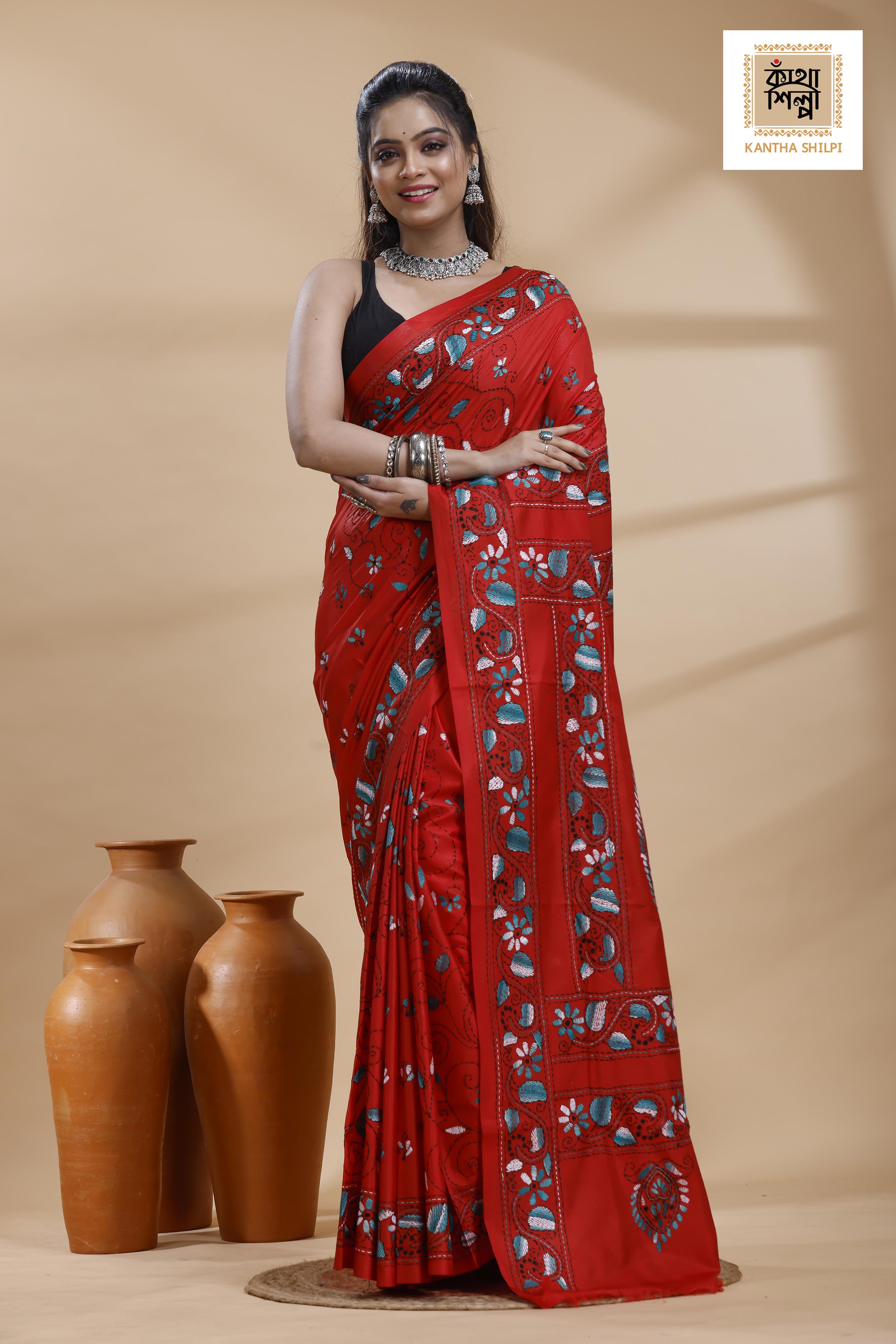 Red Color Bangalore Silk Multicolor Thread Work Kantha Stitch Saree