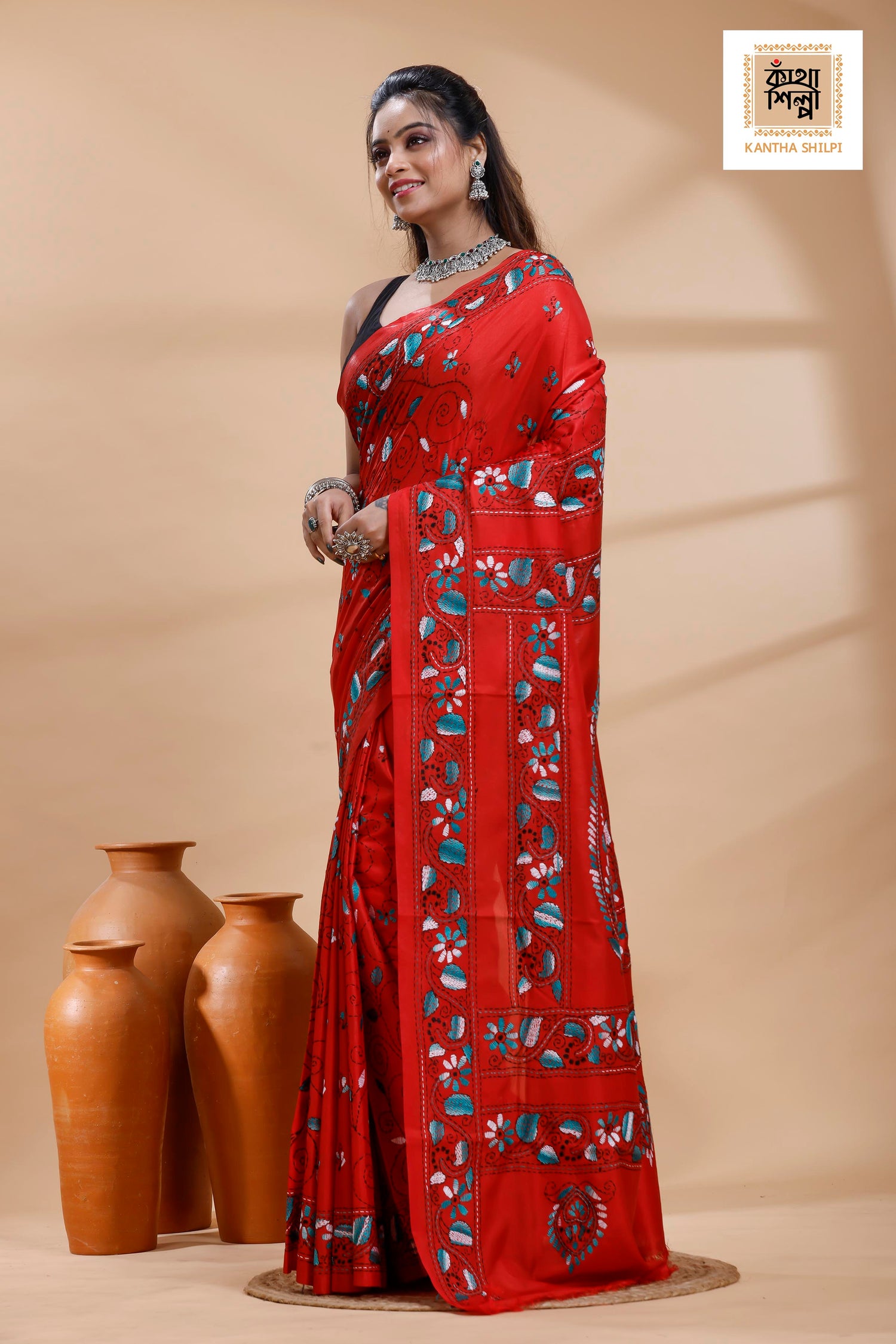 Red Color Bangalore Silk Multicolor Thread Work Kantha Stitch Saree