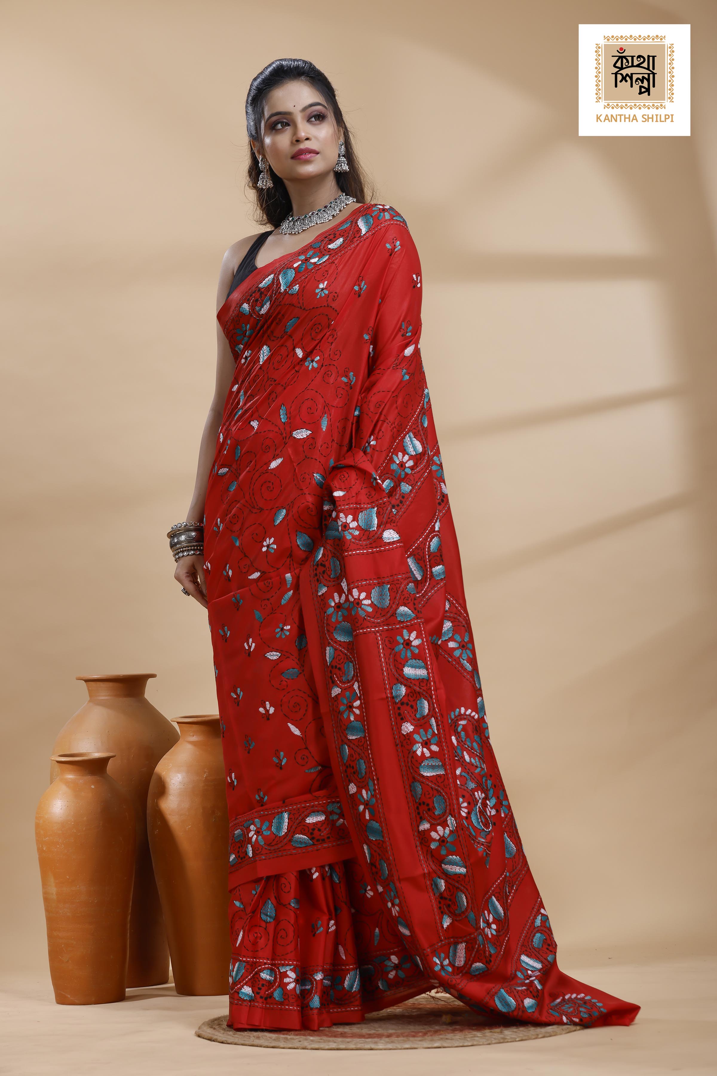 Red Color Bangalore Silk Multicolor Thread Work Kantha Stitch Saree
