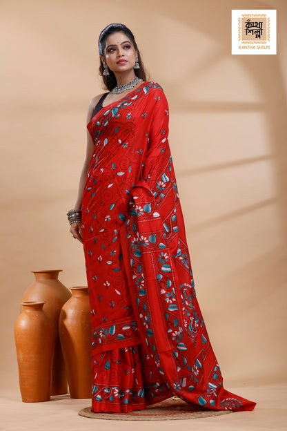 Red Color Bangalore Silk Multicolor Thread Work Kantha Stitch Saree