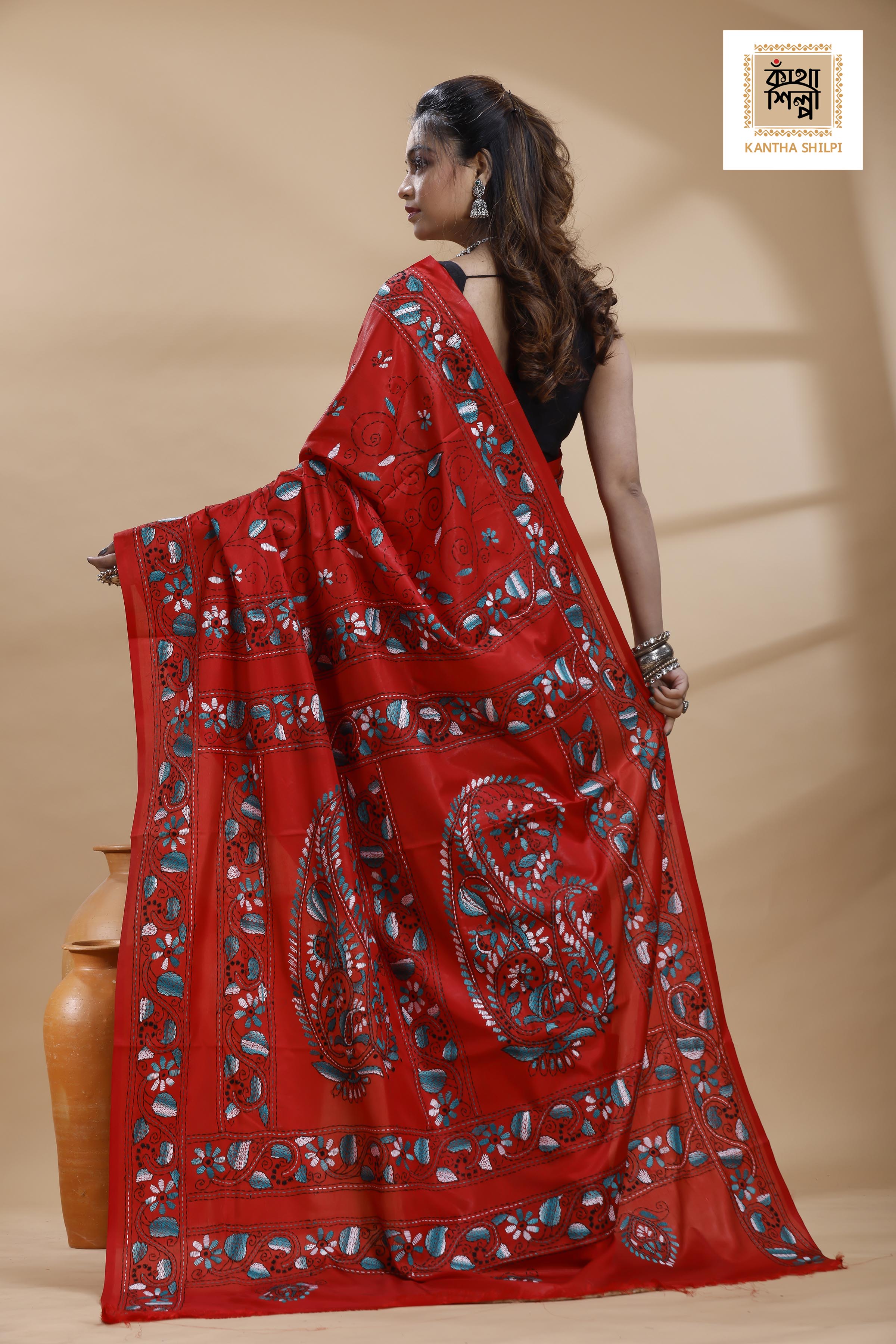Red Color Bangalore Silk Multicolor Thread Work Kantha Stitch Saree