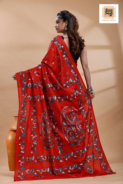 Red Color Bangalore Silk Multicolor Thread Work Kantha Stitch Saree
