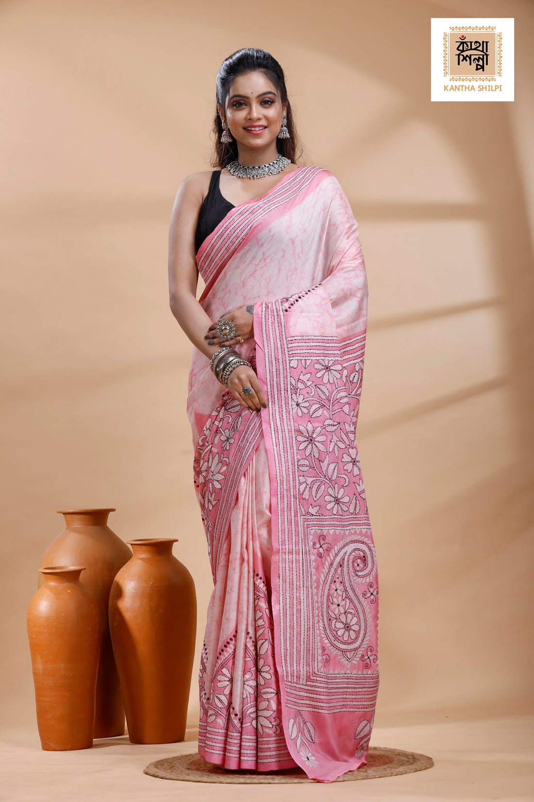 Pink Color Bangalore Silk Black White Color Thread Work Batik Kantha Stitch Saree