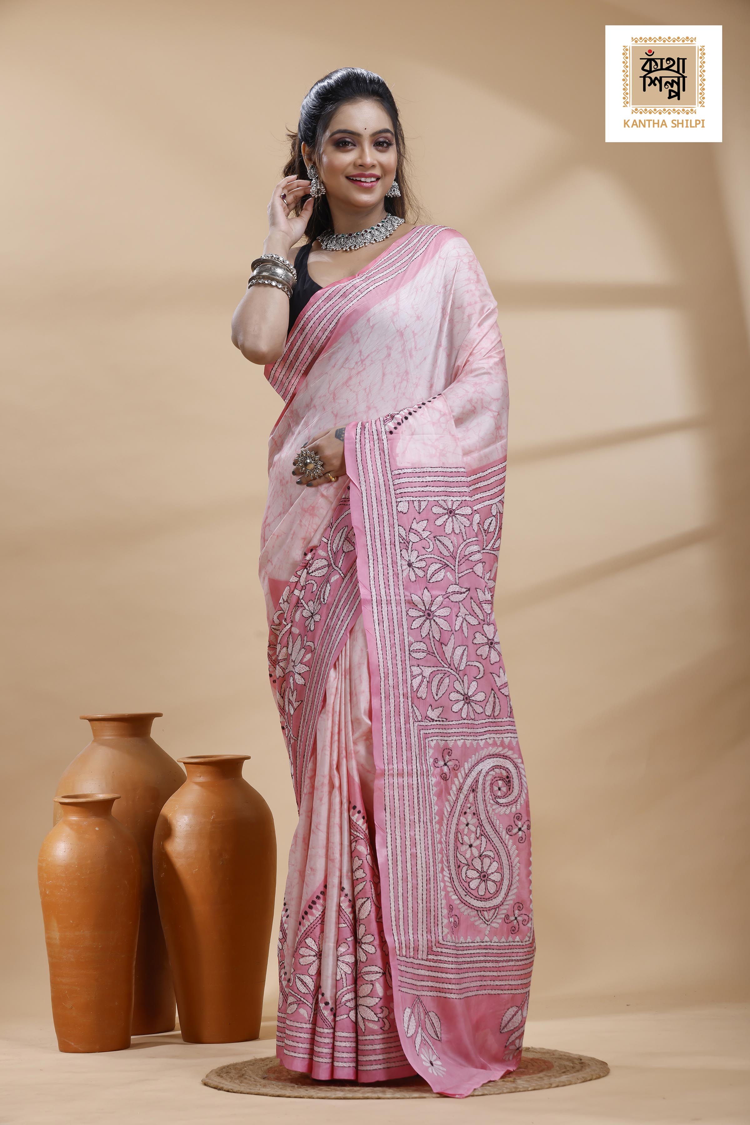 Pink Color Bangalore Silk Black White Color Thread Work Batik Kantha Stitch Saree