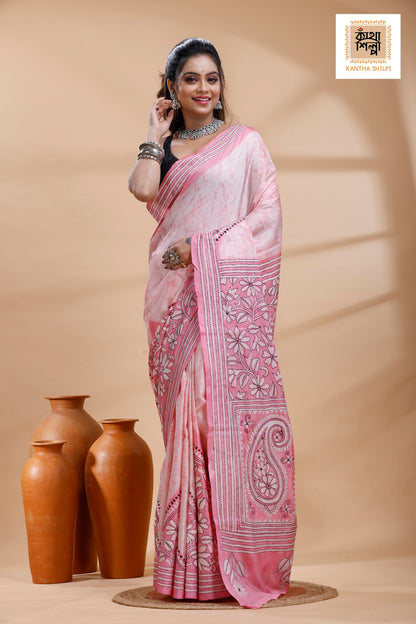 Pink Color Bangalore Silk Black White Color Thread Work Batik Kantha Stitch Saree