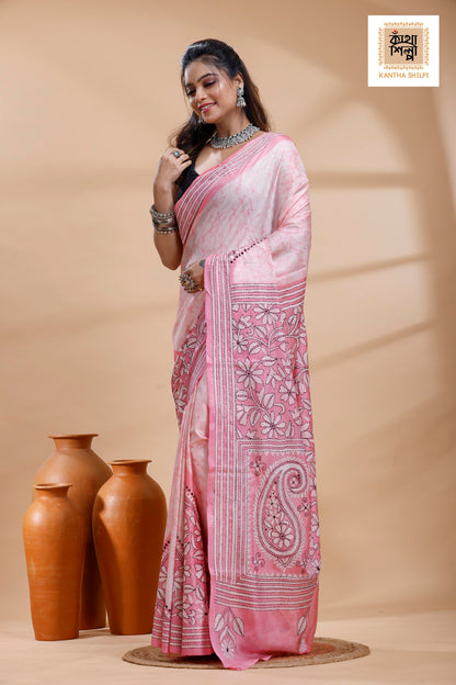 Pink Color Bangalore Silk Black White Color Thread Work Batik Kantha Stitch Saree