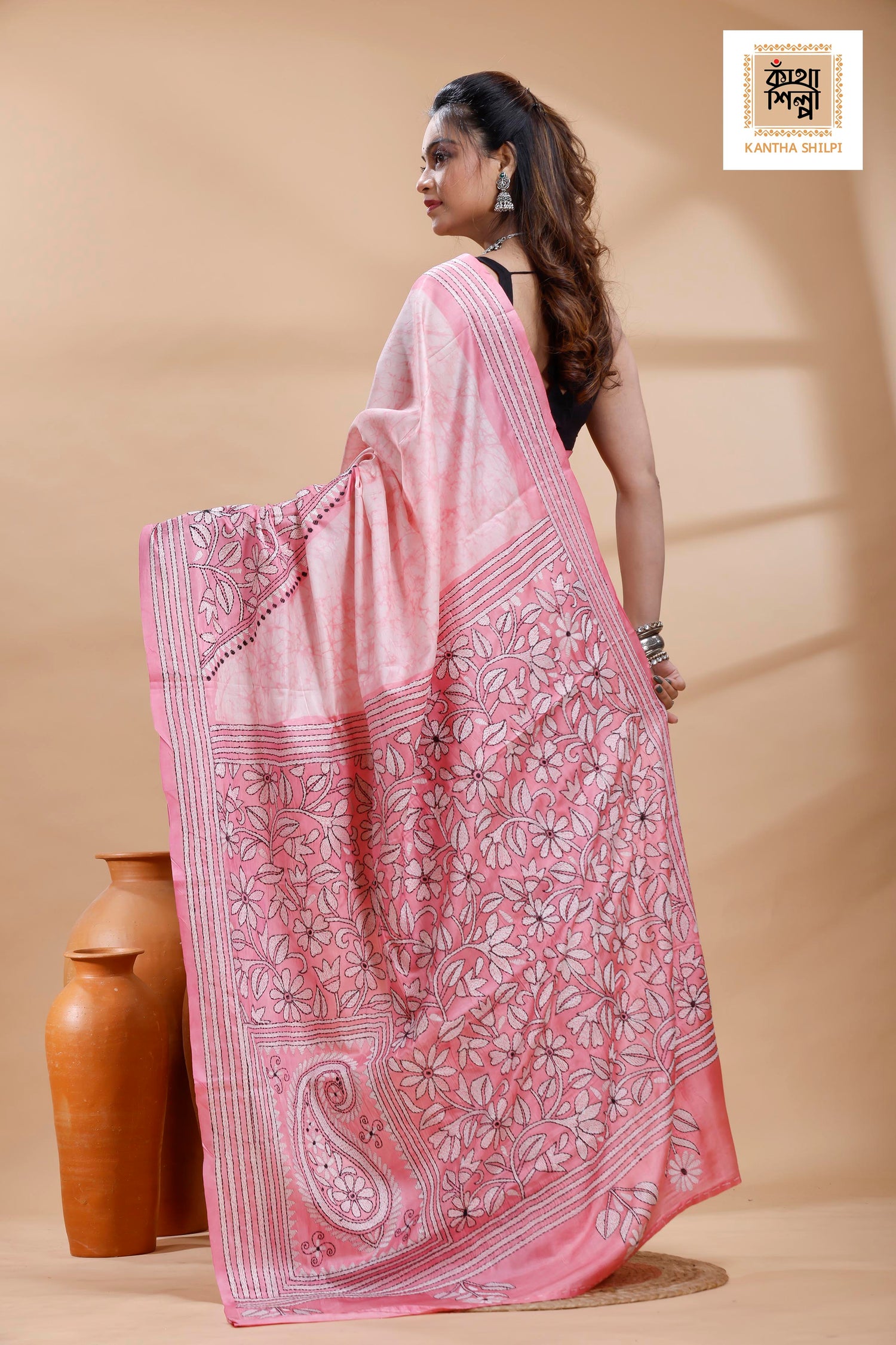 Pink Color Bangalore Silk Black White Color Thread Work Batik Kantha Stitch Saree