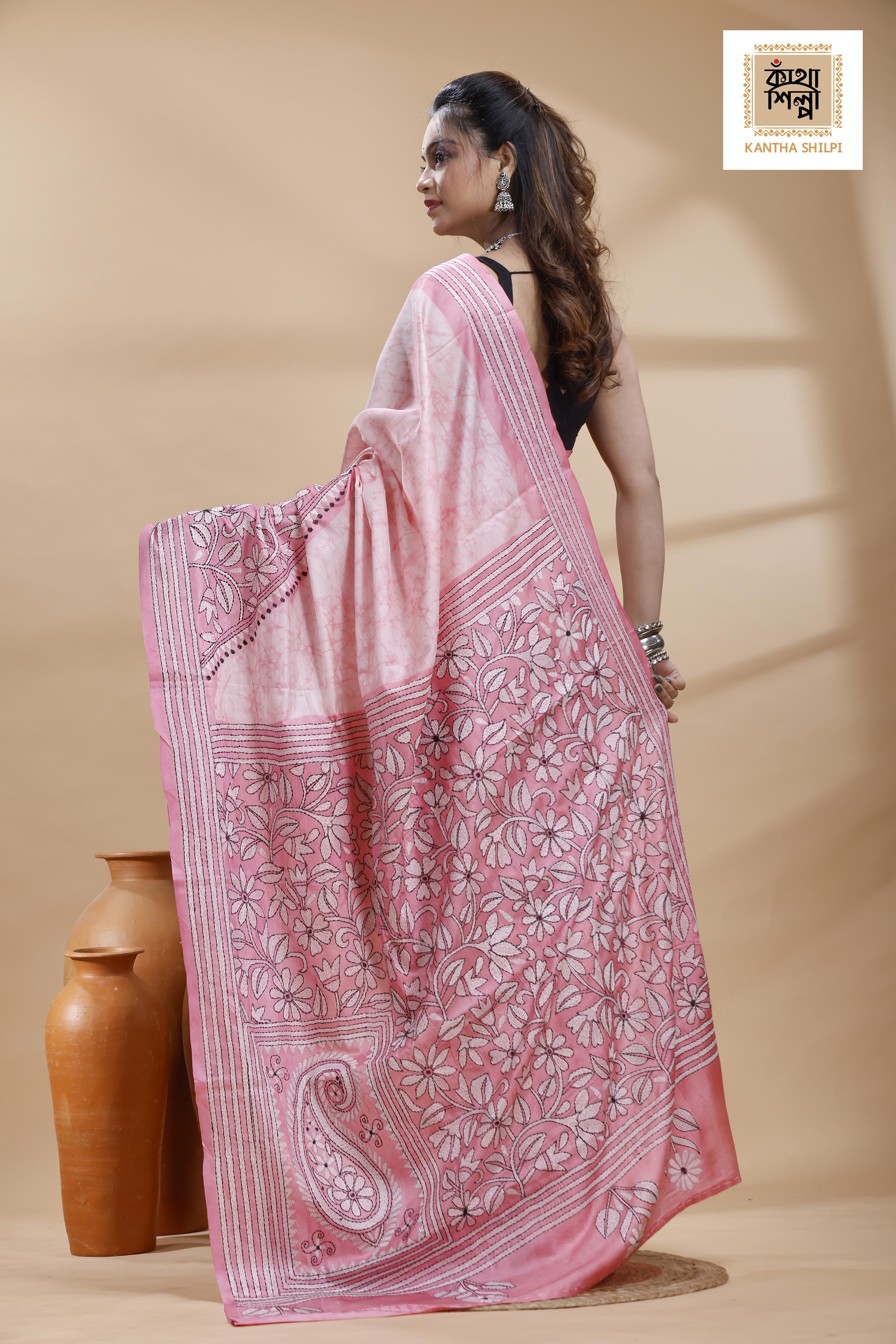 Pink Color Bangalore Silk Black White Color Thread Work Batik Kantha Stitch Saree
