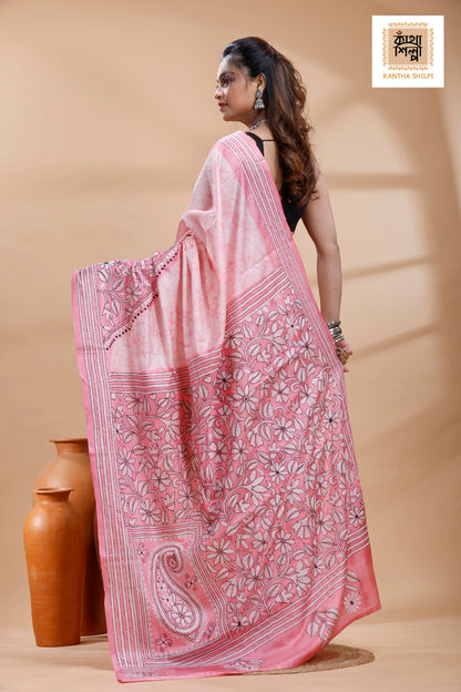 Pink Color Bangalore Silk Black White Color Thread Work Batik Kantha Stitch Saree