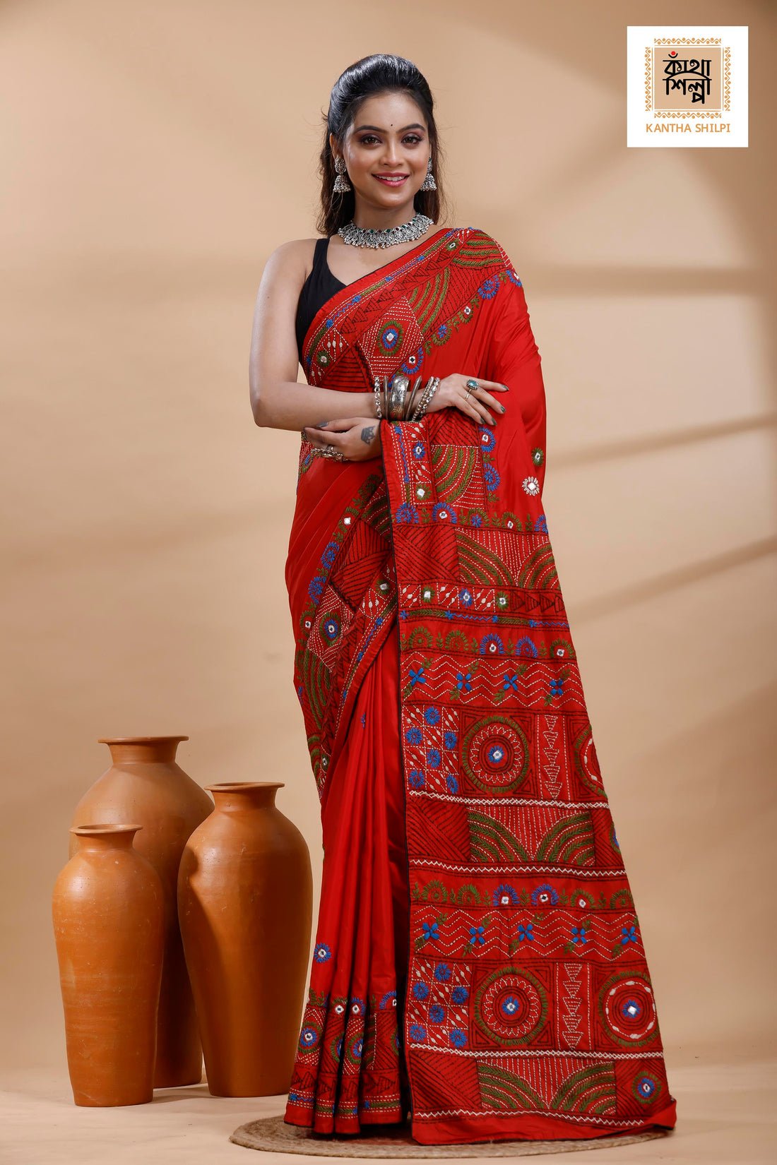 Red Color Bangalore Silk Multicolor Thread Work Lambani Stitch Saree