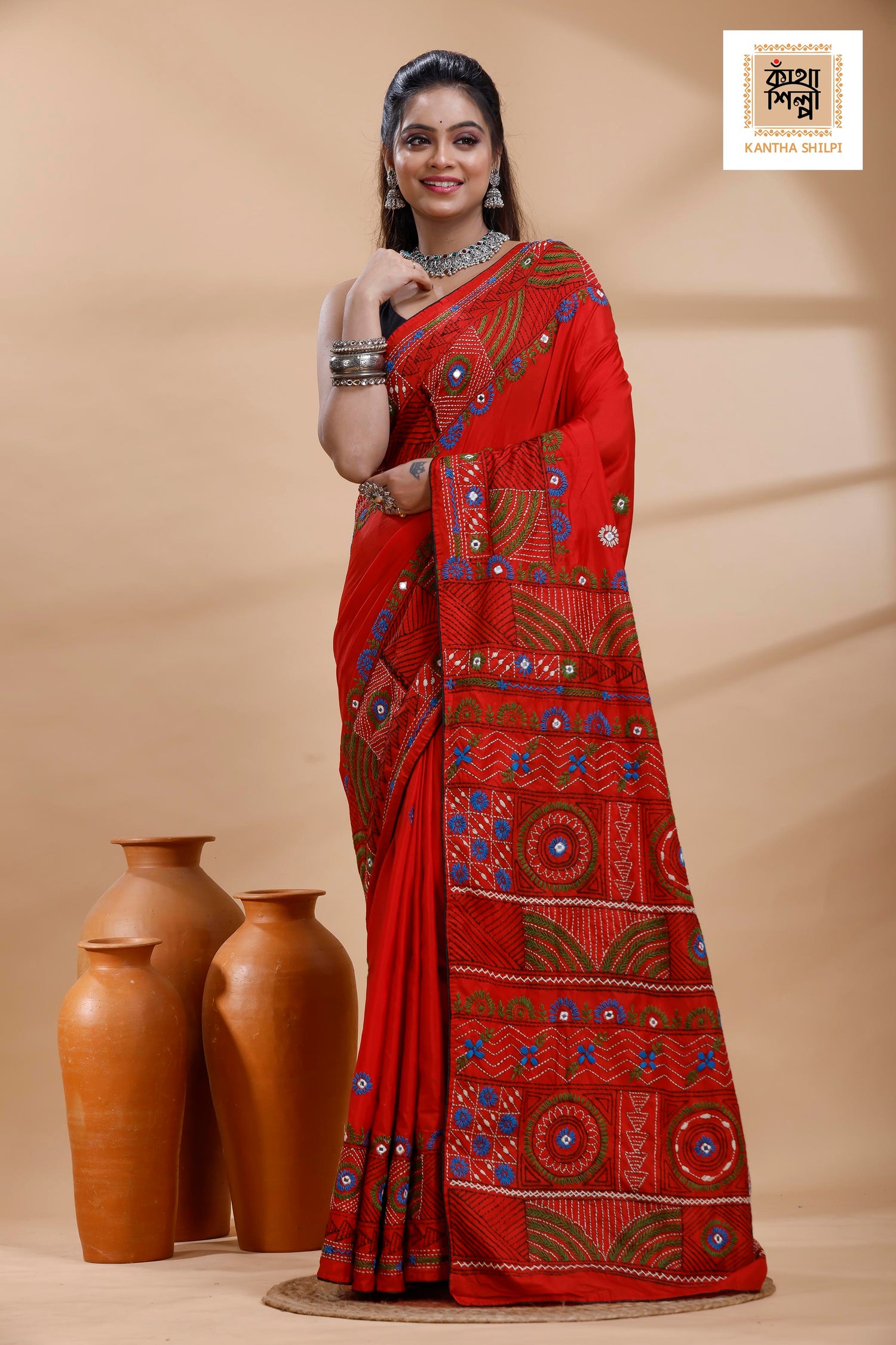 Red Color Bangalore Silk Multicolor Thread Work Lambani Stitch Saree