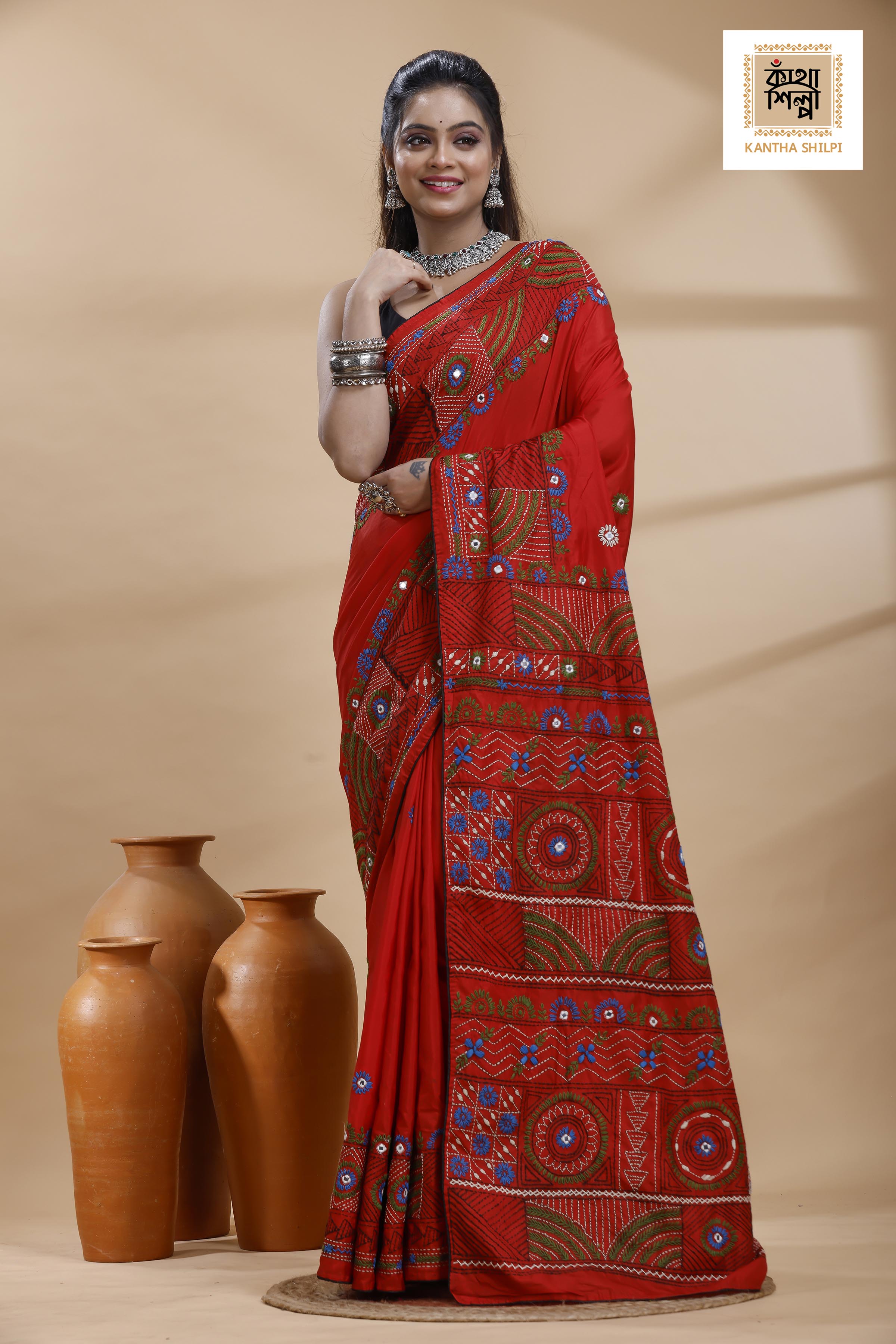 Red Color Bangalore Silk Multicolor Thread Work Lambani Stitch Saree
