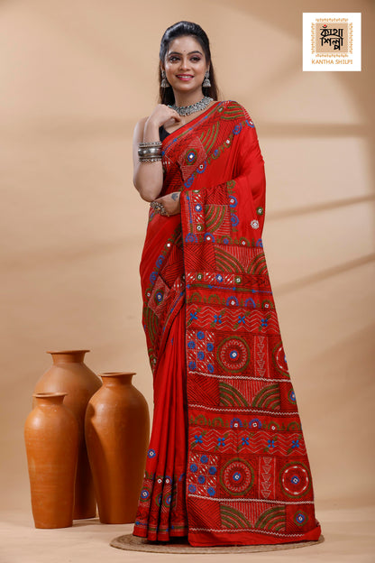 Red Color Bangalore Silk Multicolor Thread Work Lambani Stitch Saree