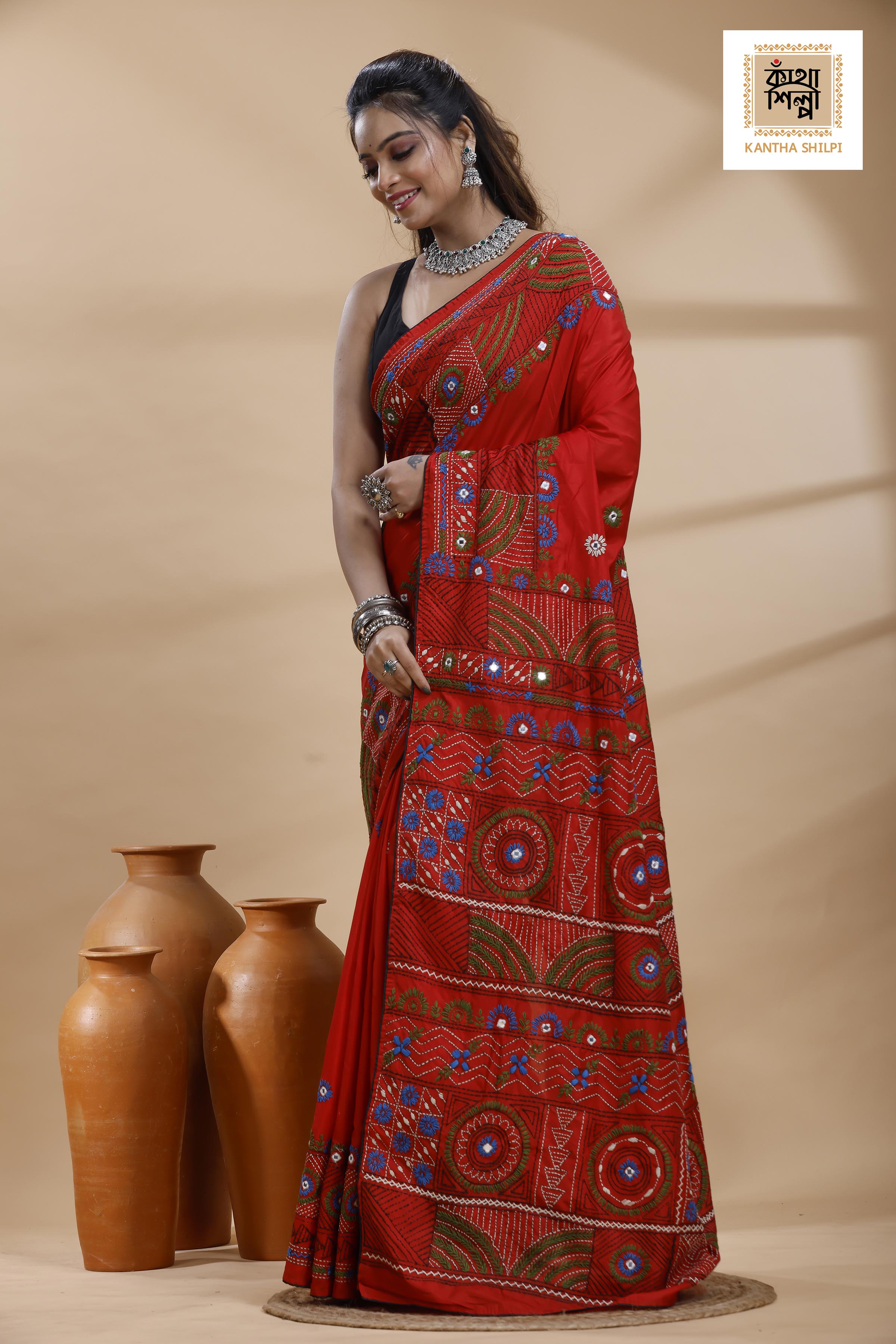 Red Color Bangalore Silk Multicolor Thread Work Lambani Stitch Saree
