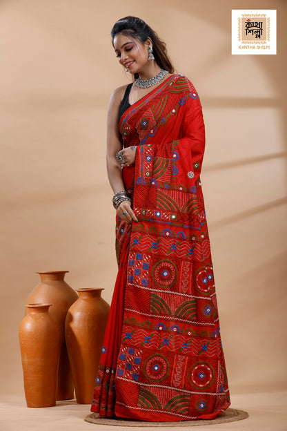 Red Color Bangalore Silk Multicolor Thread Work Lambani Stitch Saree