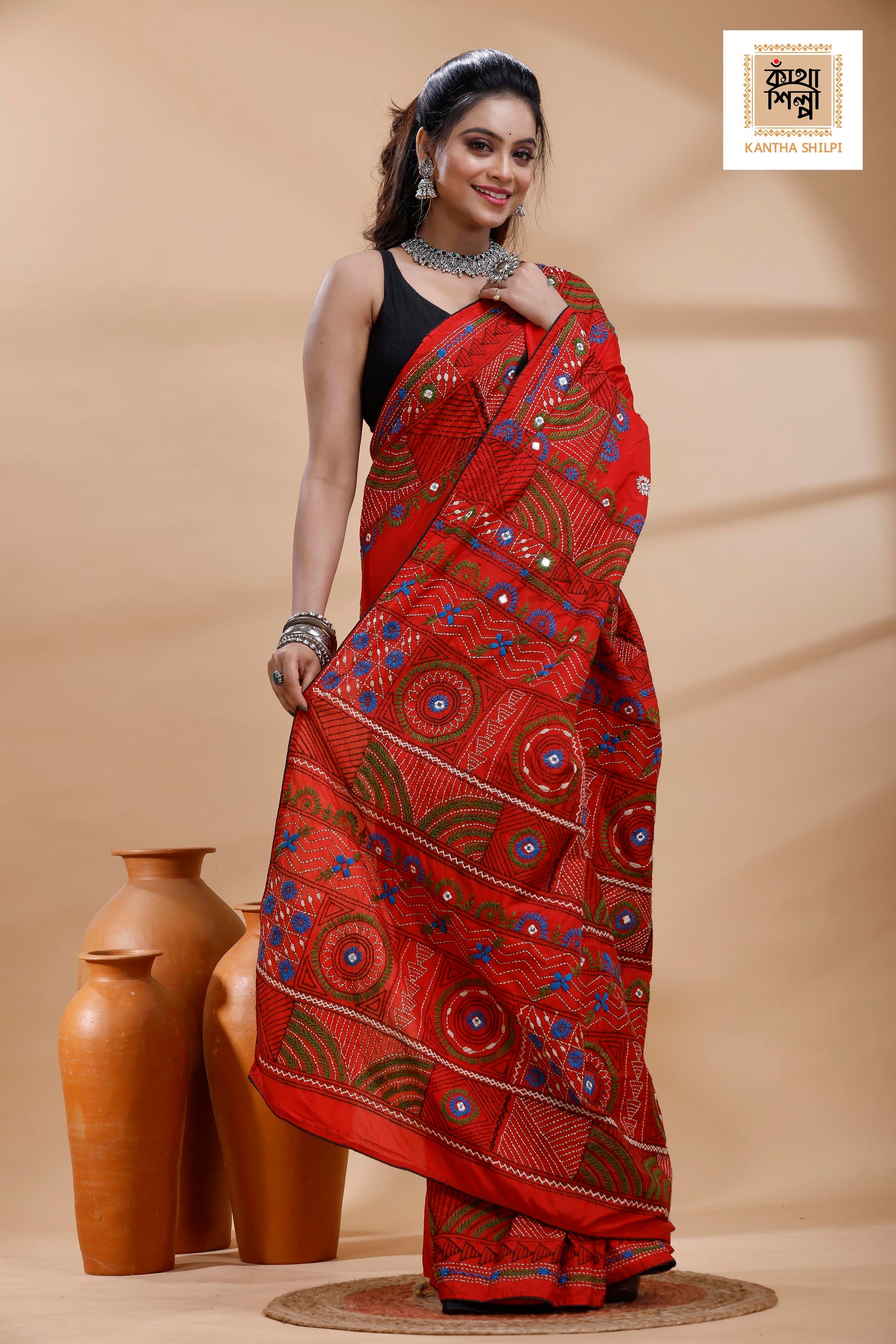 Red Color Bangalore Silk Multicolor Thread Work Lambani Stitch Saree
