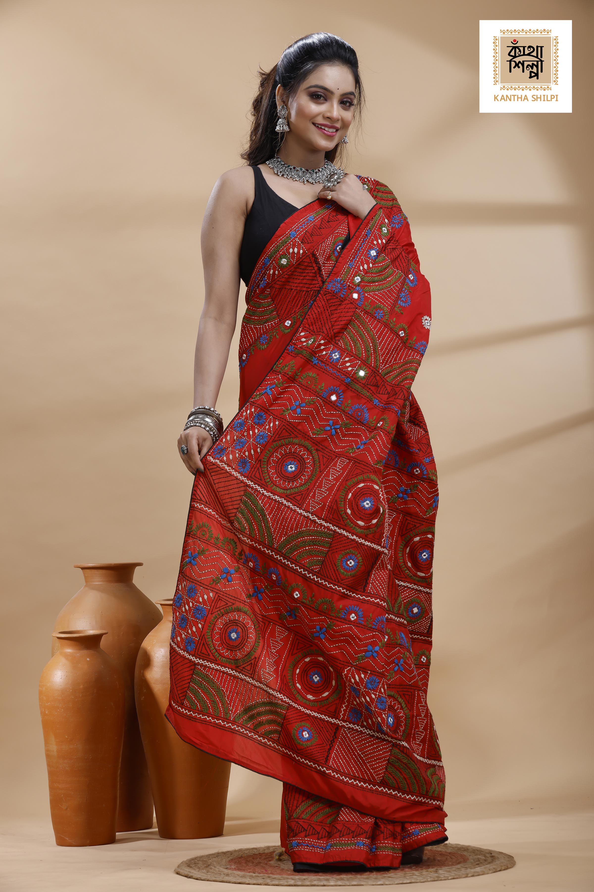 Red Color Bangalore Silk Multicolor Thread Work Lambani Stitch Saree