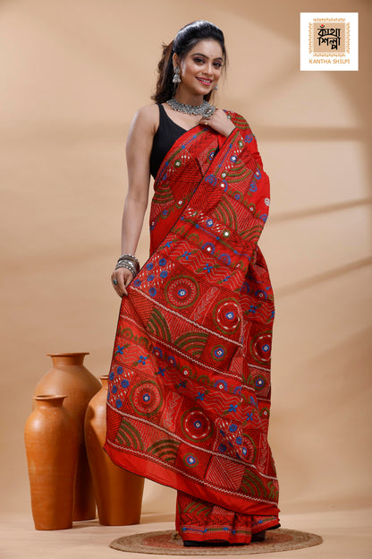 Red Color Bangalore Silk Multicolor Thread Work Lambani Stitch Saree