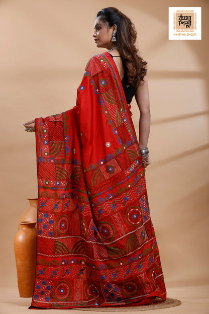 Red Color Bangalore Silk Multicolor Thread Work Lambani Stitch Saree