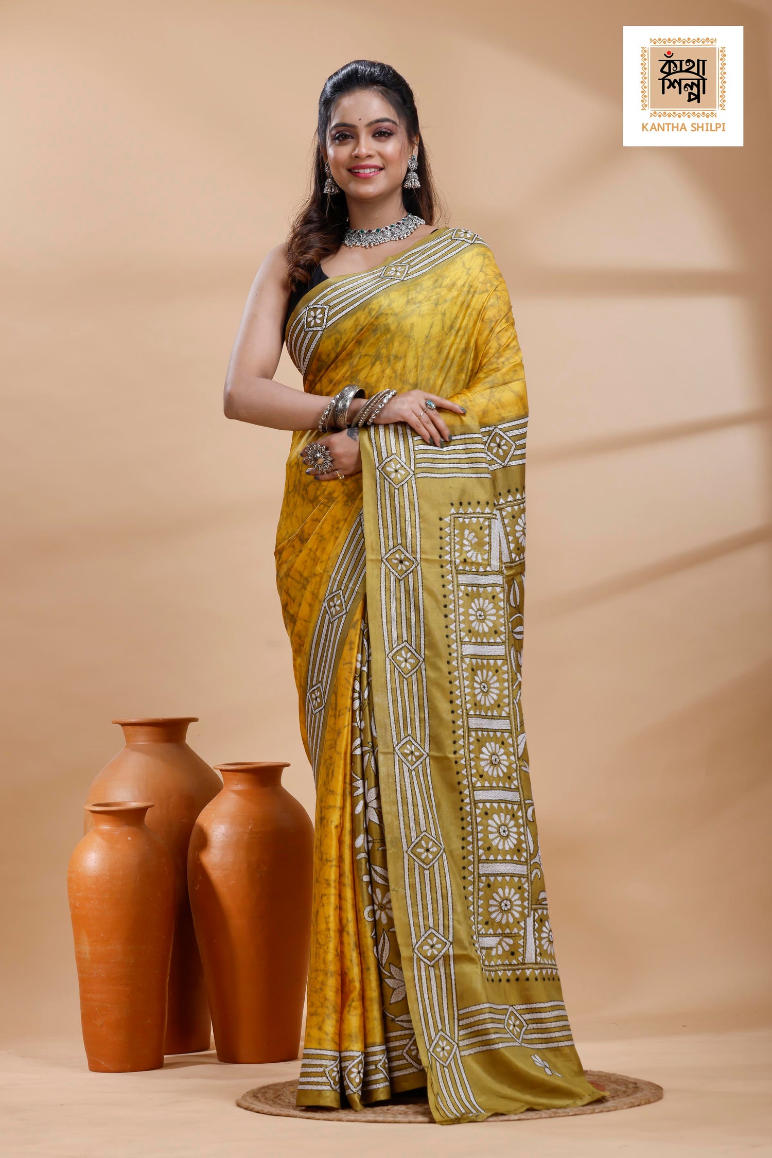 Yellow Color Bangalore Silk Black-White Color Thread Work Batik Kantha Stitch Saree