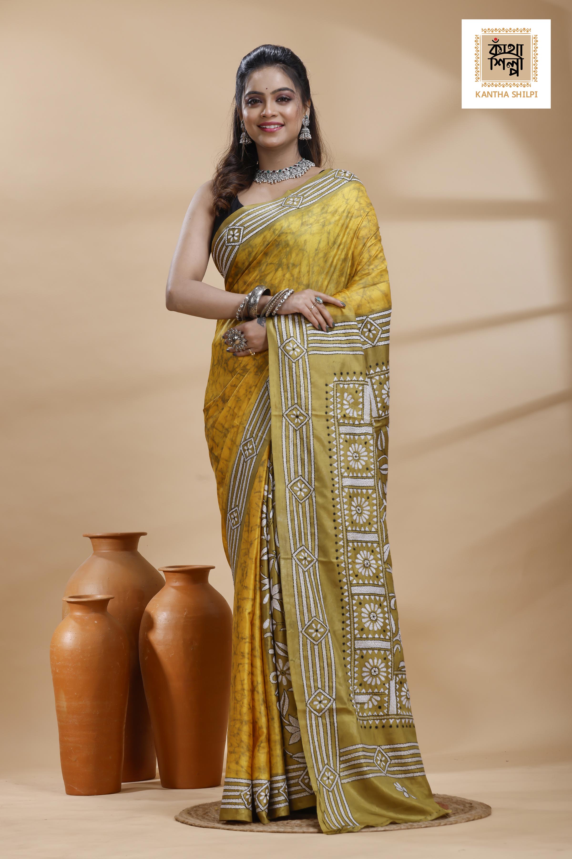 Yellow Color Bangalore Silk Black-White Color Thread Work Batik Kantha Stitch Saree