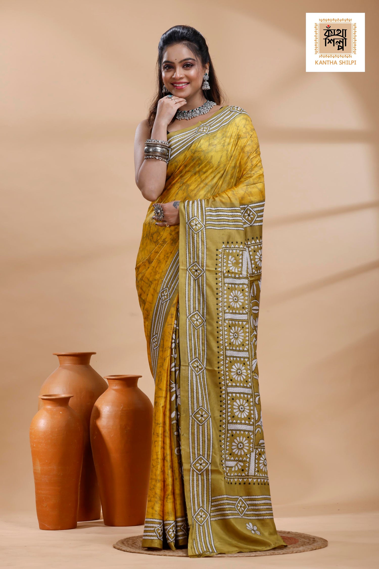 Yellow Color Bangalore Silk Black-White Color Thread Work Batik Kantha Stitch Saree