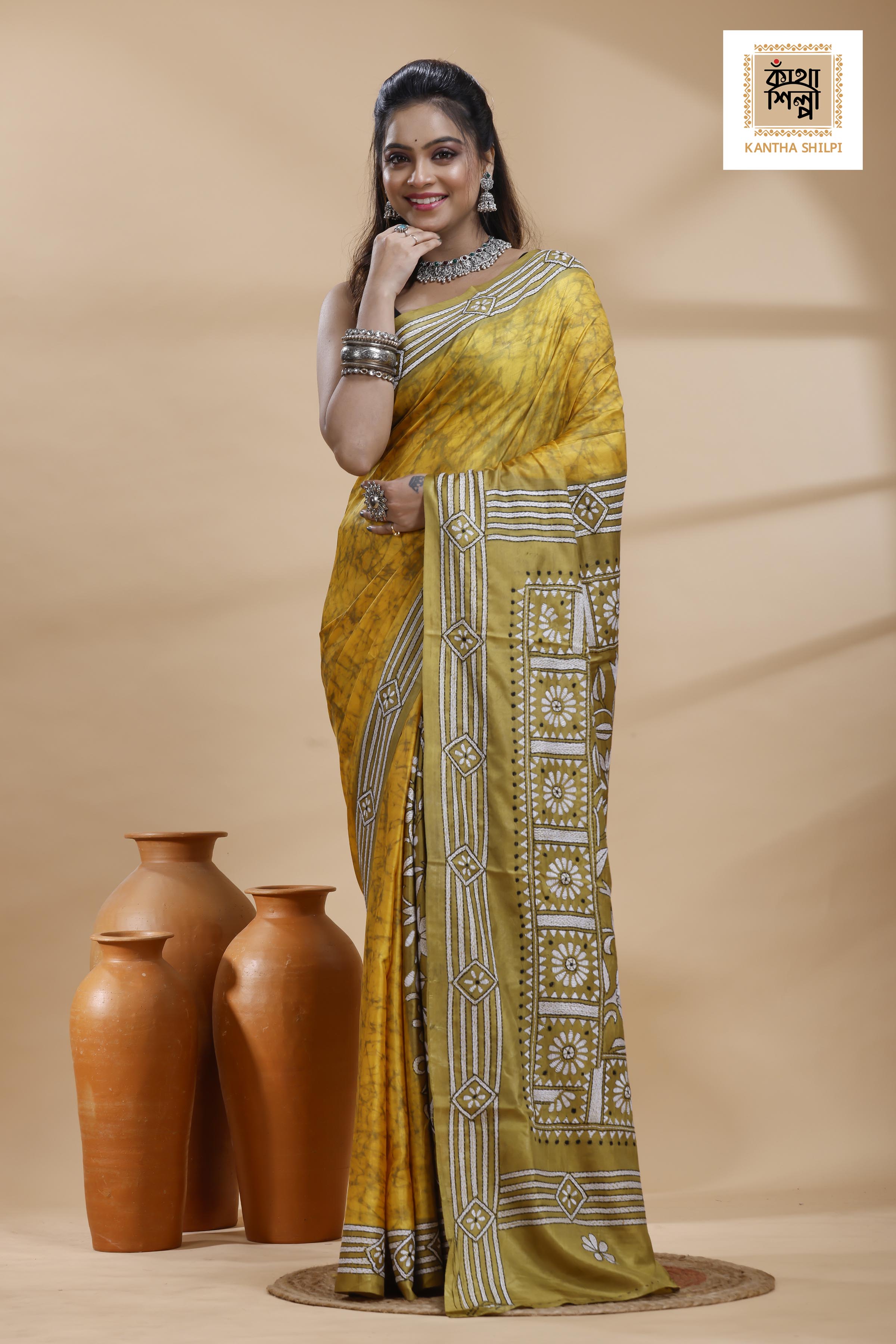 Yellow Color Bangalore Silk Black-White Color Thread Work Batik Kantha Stitch Saree