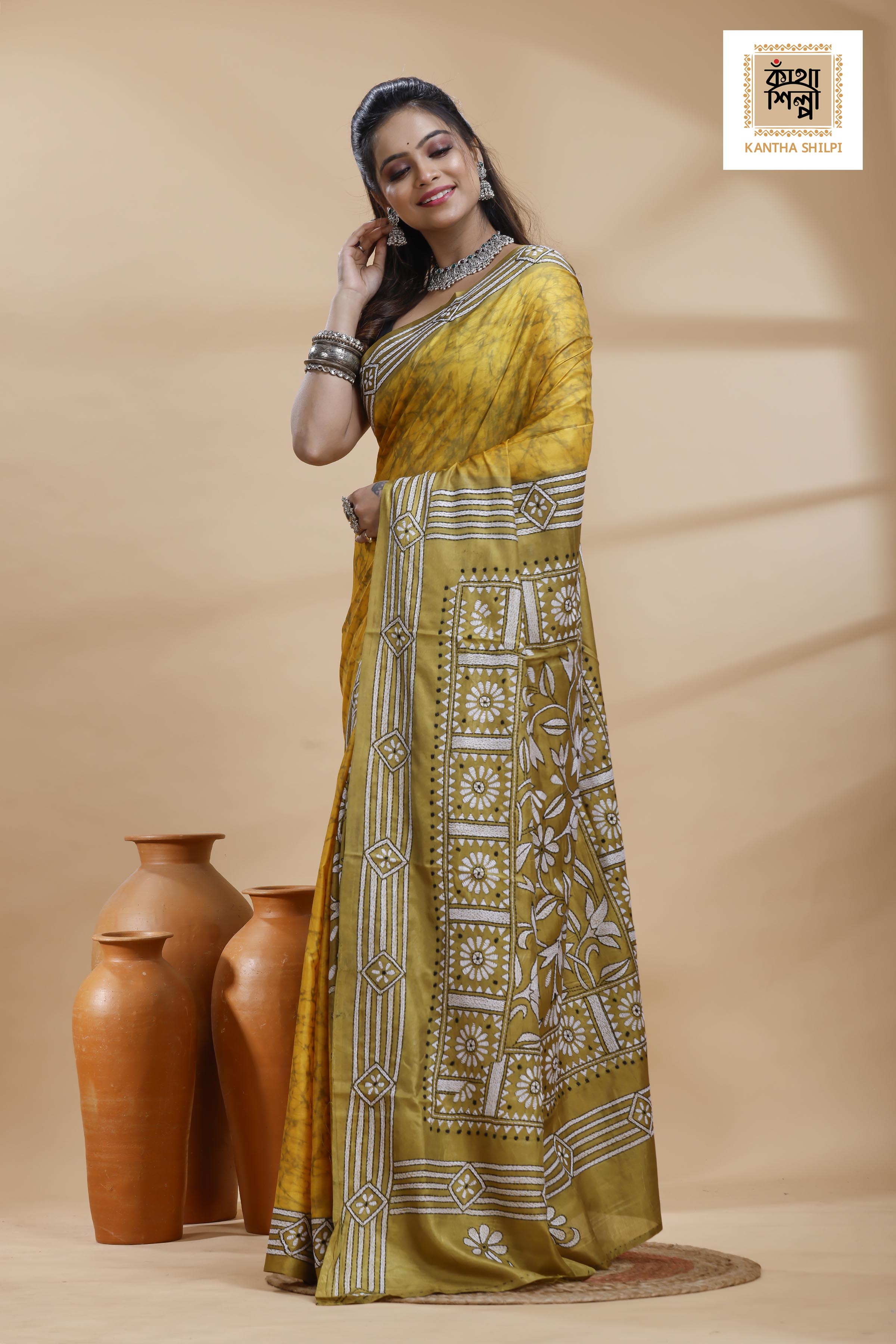 Yellow Color Bangalore Silk Black-White Color Thread Work Batik Kantha Stitch Saree