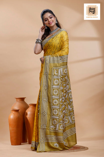 Yellow Color Bangalore Silk Black-White Color Thread Work Batik Kantha Stitch Saree