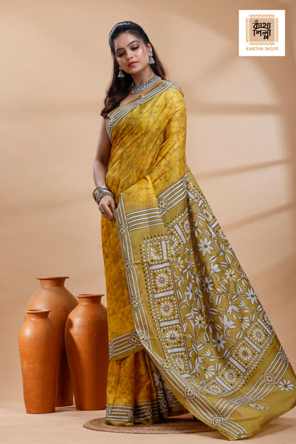 Yellow Color Bangalore Silk Black-White Color Thread Work Batik Kantha Stitch Saree
