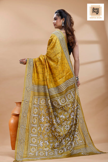 Yellow Color Bangalore Silk Black-White Color Thread Work Batik Kantha Stitch Saree