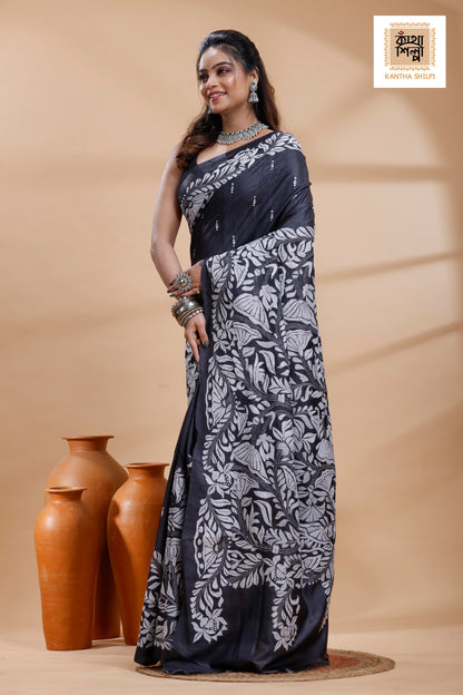 Pure Gachi Black Dye Tussar White Color Thread Work Lotus Motif Kantha Stitch Saree