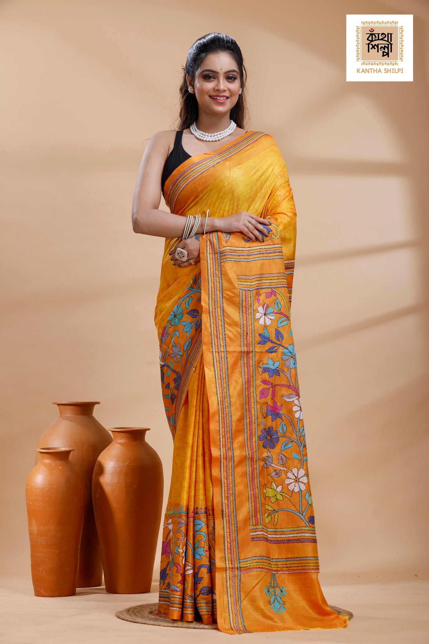 Yellow Color Bangalore Silk Multicolor Thread Work Batik Kantha Stitch Saree