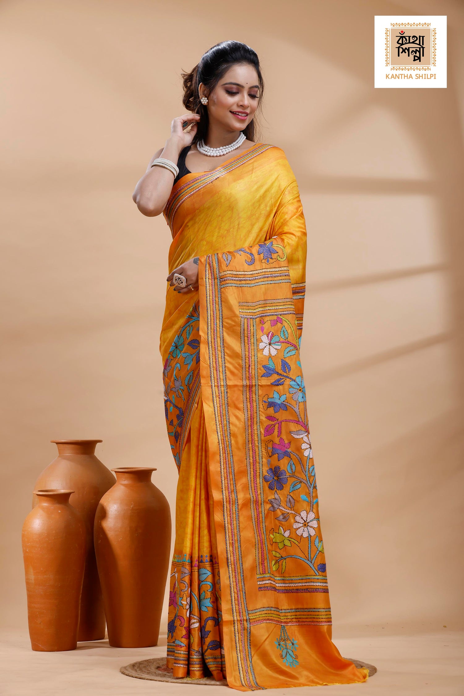 Yellow Color Bangalore Silk Multicolor Thread Work Batik Kantha Stitch Saree