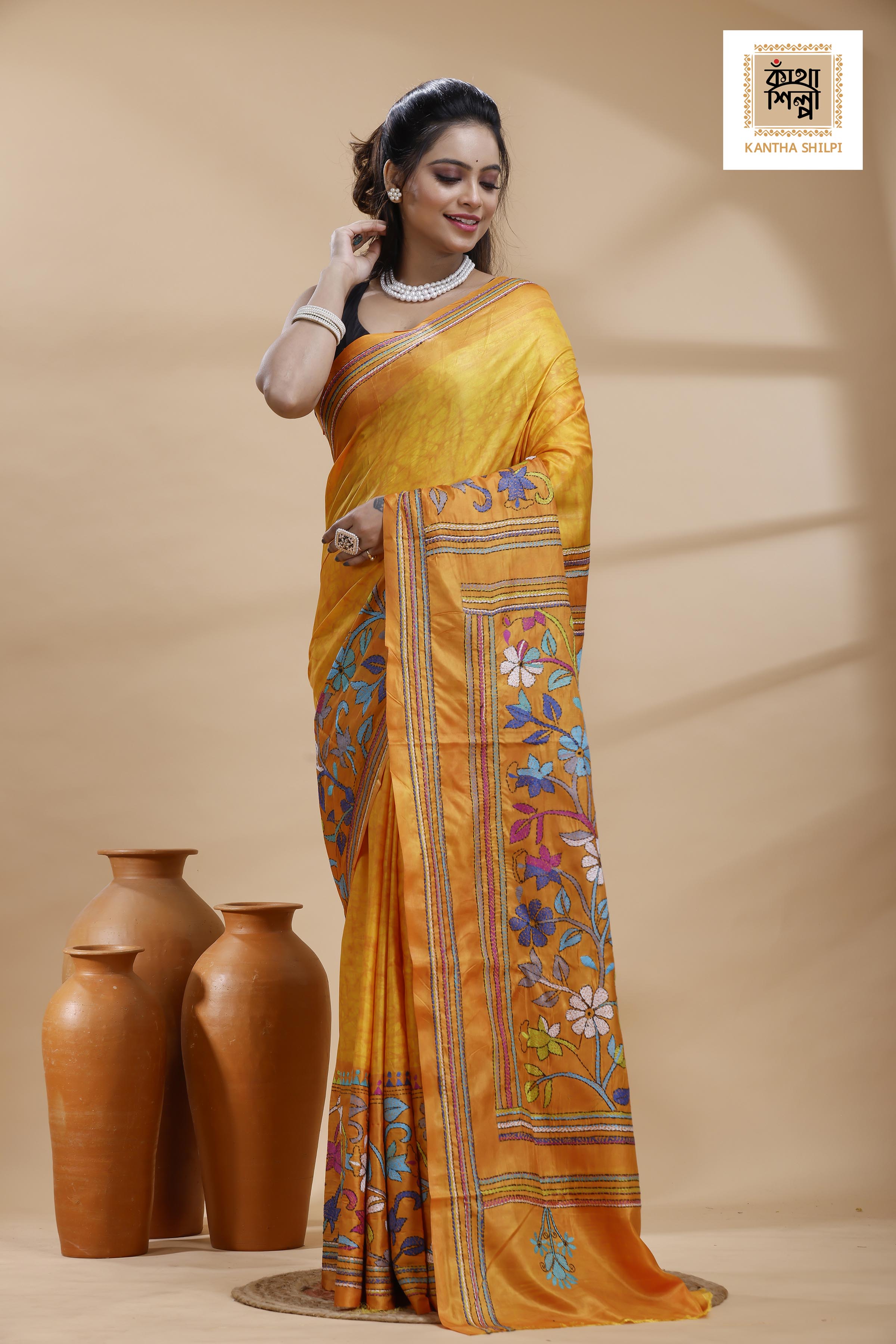 Yellow Color Bangalore Silk Multicolor Thread Work Batik Kantha Stitch Saree
