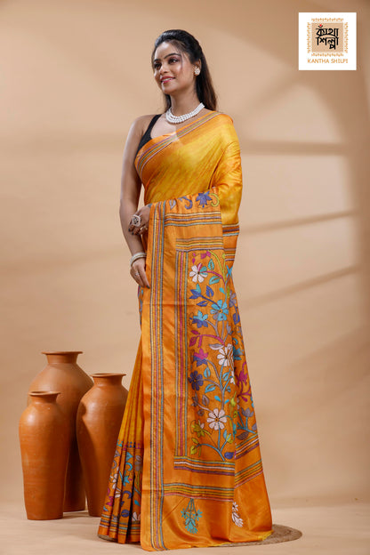 Yellow Color Bangalore Silk Multicolor Thread Work Batik Kantha Stitch Saree