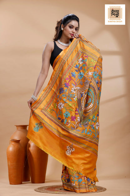 Yellow Color Bangalore Silk Multicolor Thread Work Batik Kantha Stitch Saree