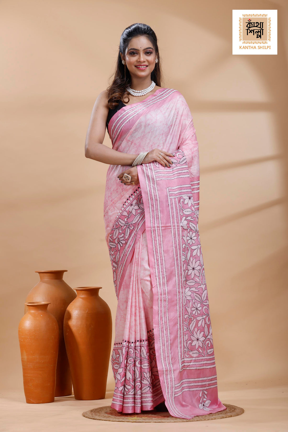 Pink Color Bangalore Silk Black-White Color Thread Work Batik Kantha Stitch Saree