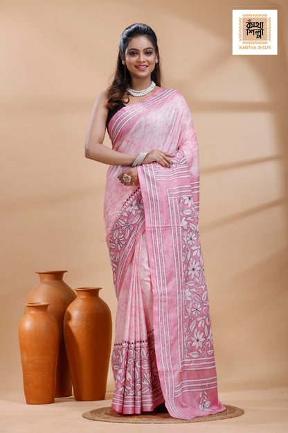 Pink Color Bangalore Silk Black-White Color Thread Work Batik Kantha Stitch Saree