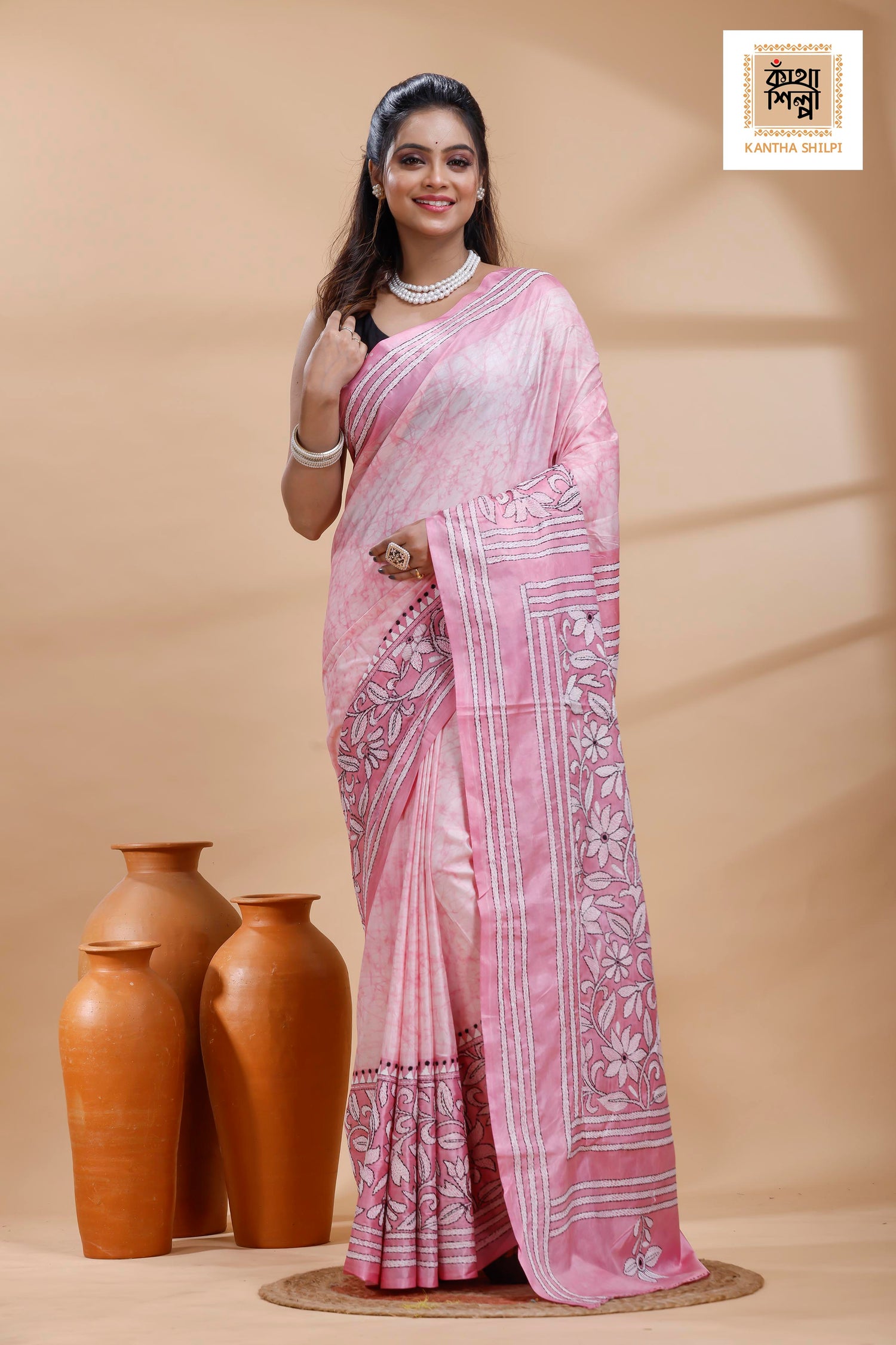 Pink Color Bangalore Silk Black-White Color Thread Work Batik Kantha Stitch Saree
