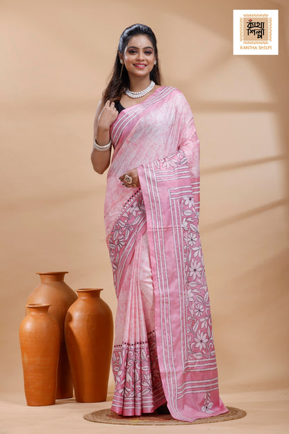 Pink Color Bangalore Silk Black-White Color Thread Work Batik Kantha Stitch Saree