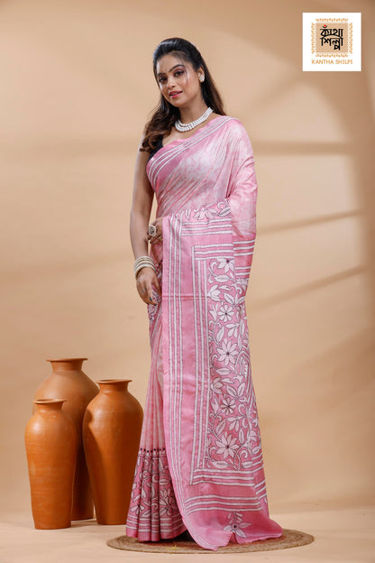 Pink Color Bangalore Silk Black-White Color Thread Work Batik Kantha Stitch Saree