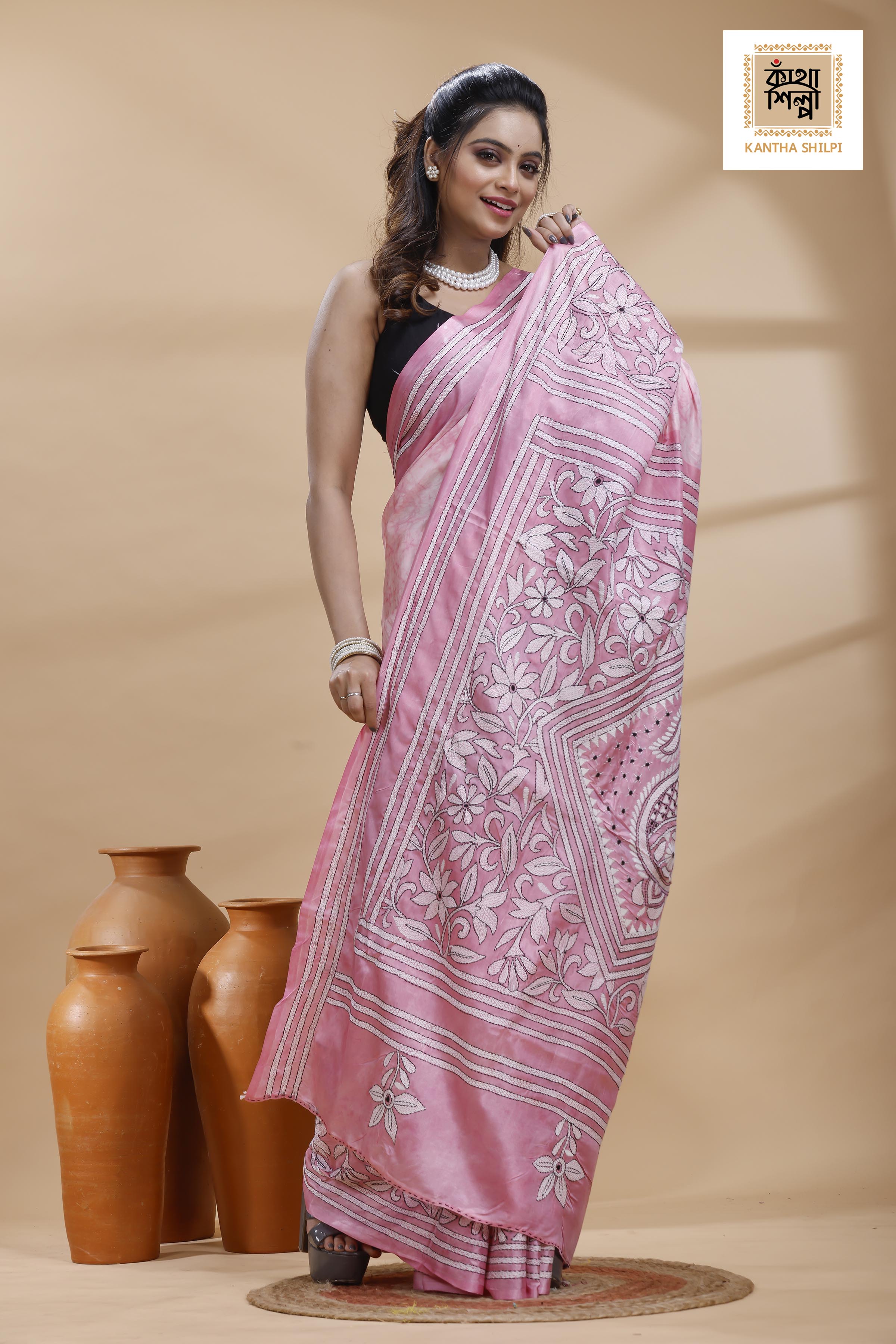 Pink Color Bangalore Silk Black-White Color Thread Work Batik Kantha Stitch Saree