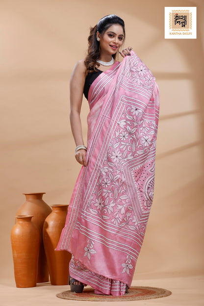 Pink Color Bangalore Silk Black-White Color Thread Work Batik Kantha Stitch Saree