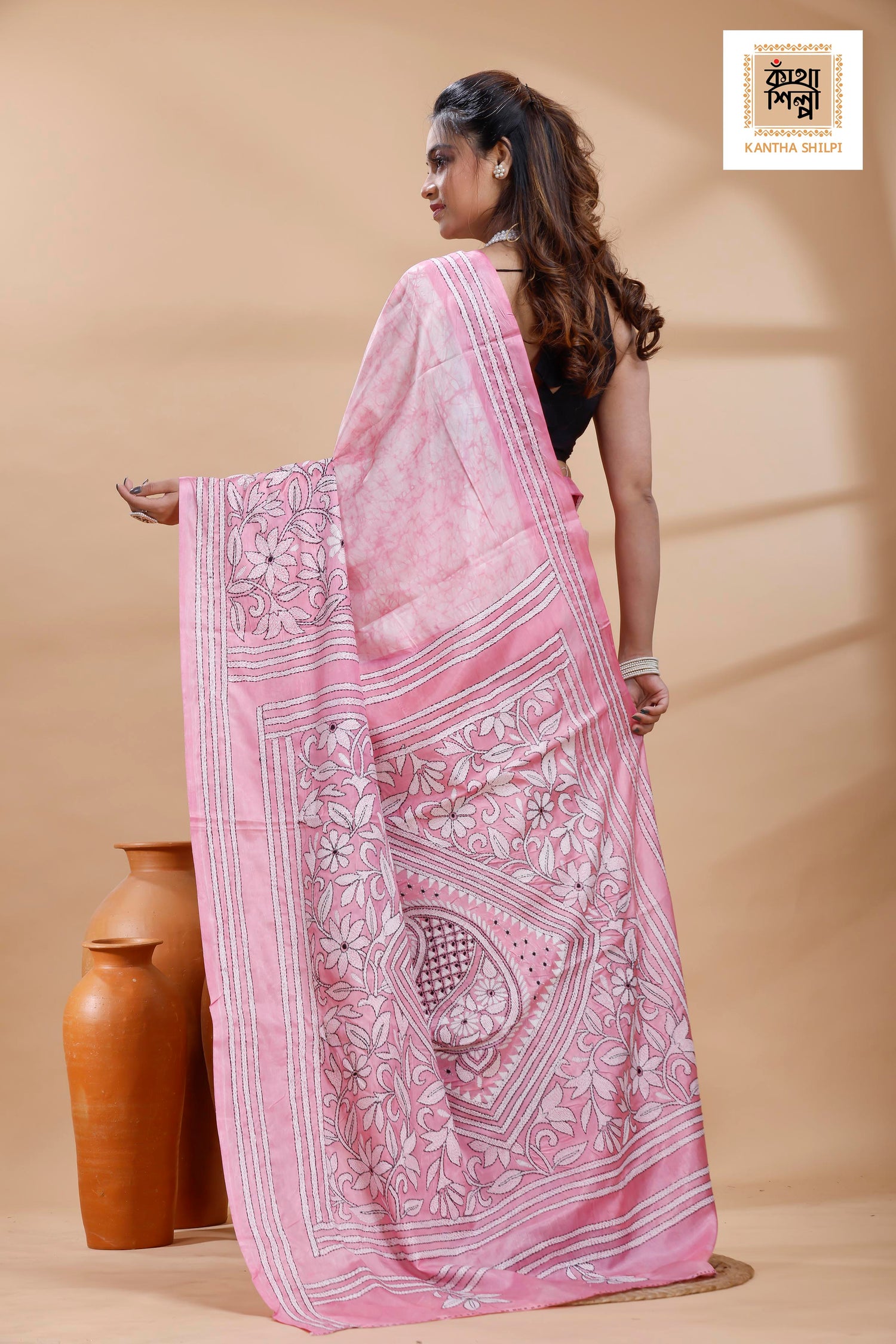 Pink Color Bangalore Silk Black-White Color Thread Work Batik Kantha Stitch Saree