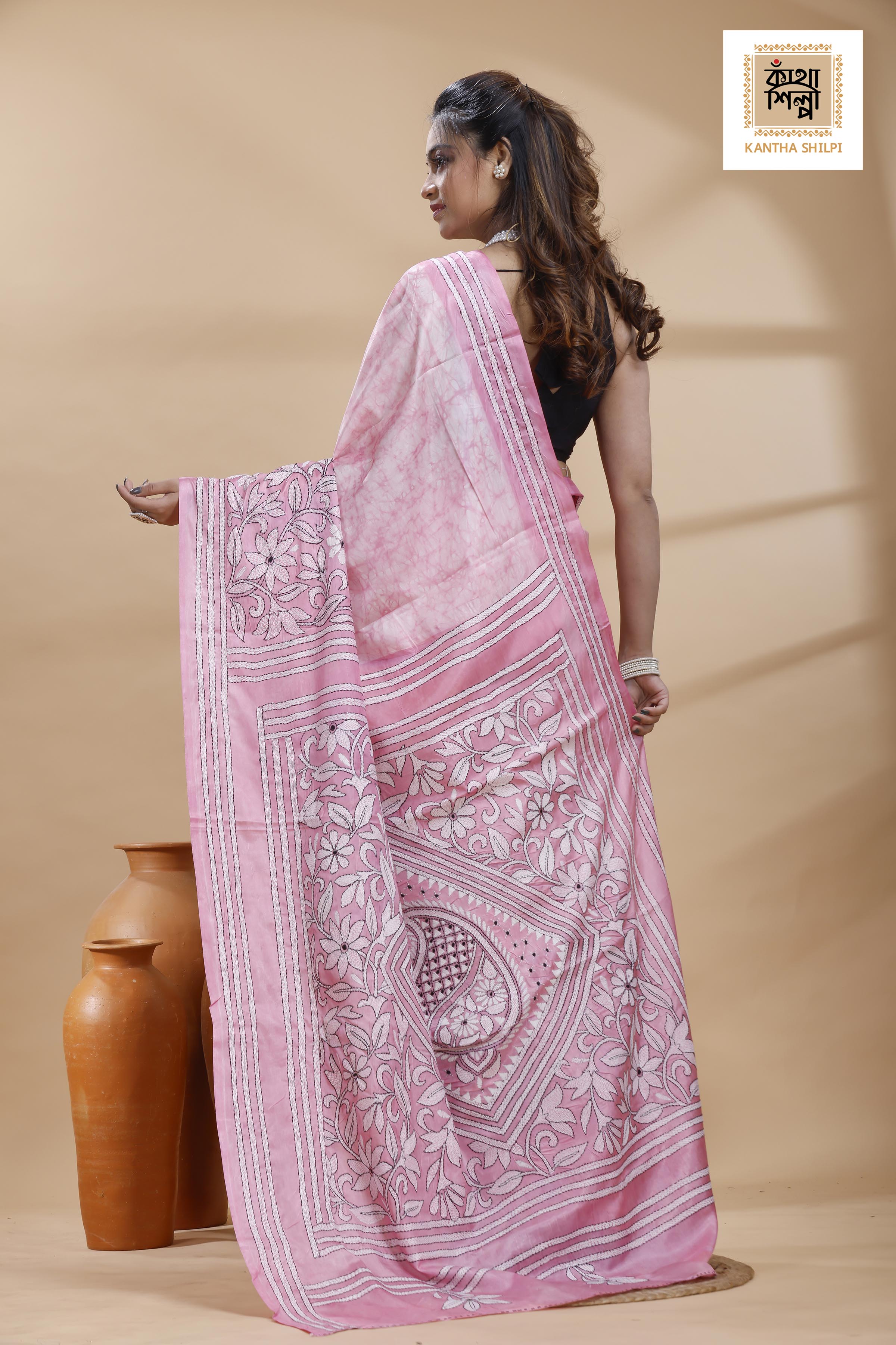 Pink Color Bangalore Silk Black-White Color Thread Work Batik Kantha Stitch Saree