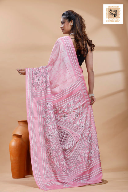 Pink Color Bangalore Silk Black-White Color Thread Work Batik Kantha Stitch Saree