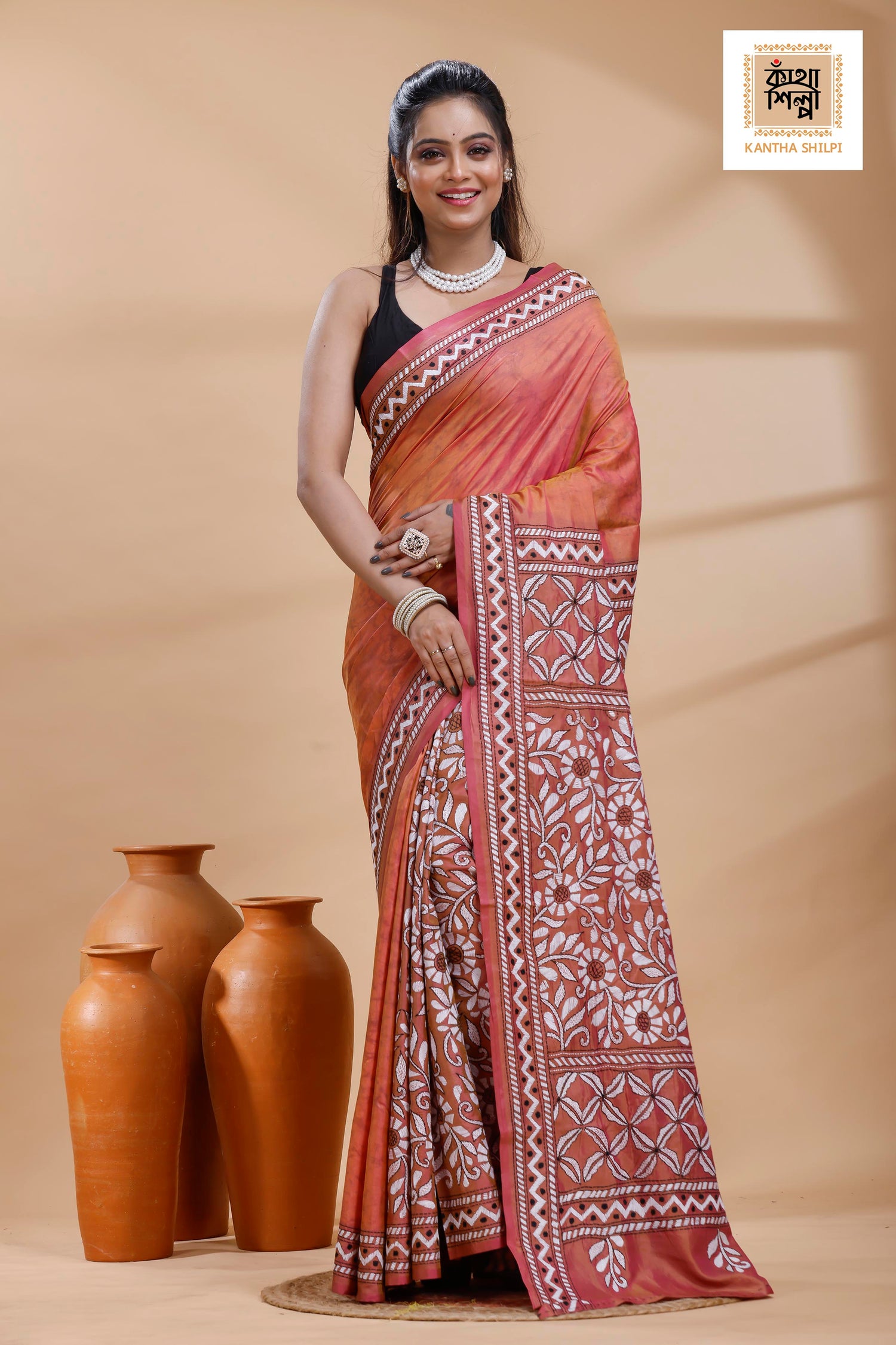 Rust Color Bangalore Silk Black-White Color Thread Work Batik Kantha Stitch Saree